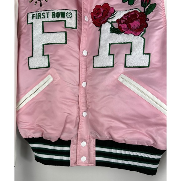 First Row Easy Hours Varsity Letter Contrast Patch Bomber Jacket Snap Pink Small - Picture 7 of 16